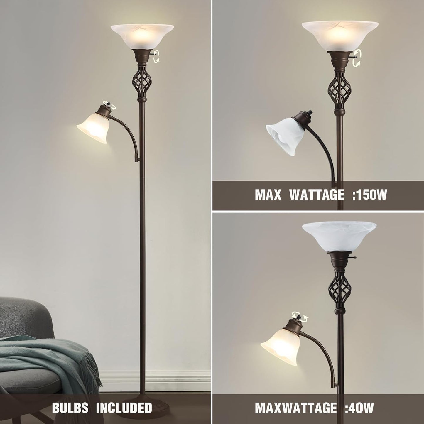 GyroVu Torchiere Floor Lamp for Living Room, LED Standing Reading Light for Bedroom with Glass Shade for Living Room Corner Bedroom Home Office,Bulbs Included (Red Brown,Glass 2 Head)