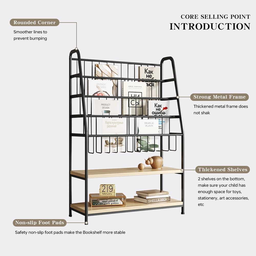 Bookshelf for Kids,Modern Magazine Rack Floor,Freestanding Bookcase for Books,Kids Picture Books,CD DVD & Vinyl Record Storage,Metal Display Shelf with Wooden Shelves(Black, L:31.5")