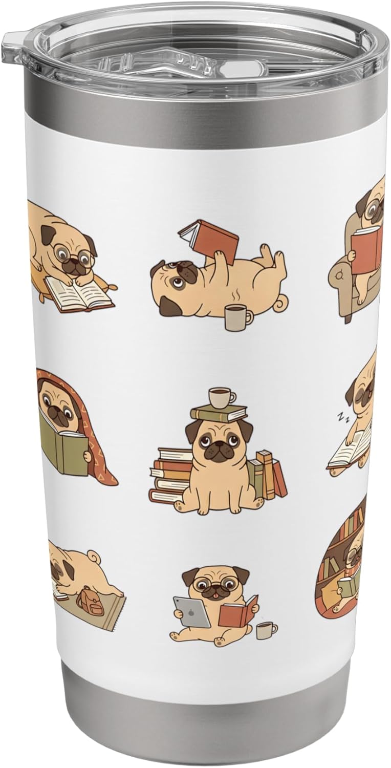 Cute Reading Pugs Book Lover Library Coffee Stainless Steel Insulated Tumbler