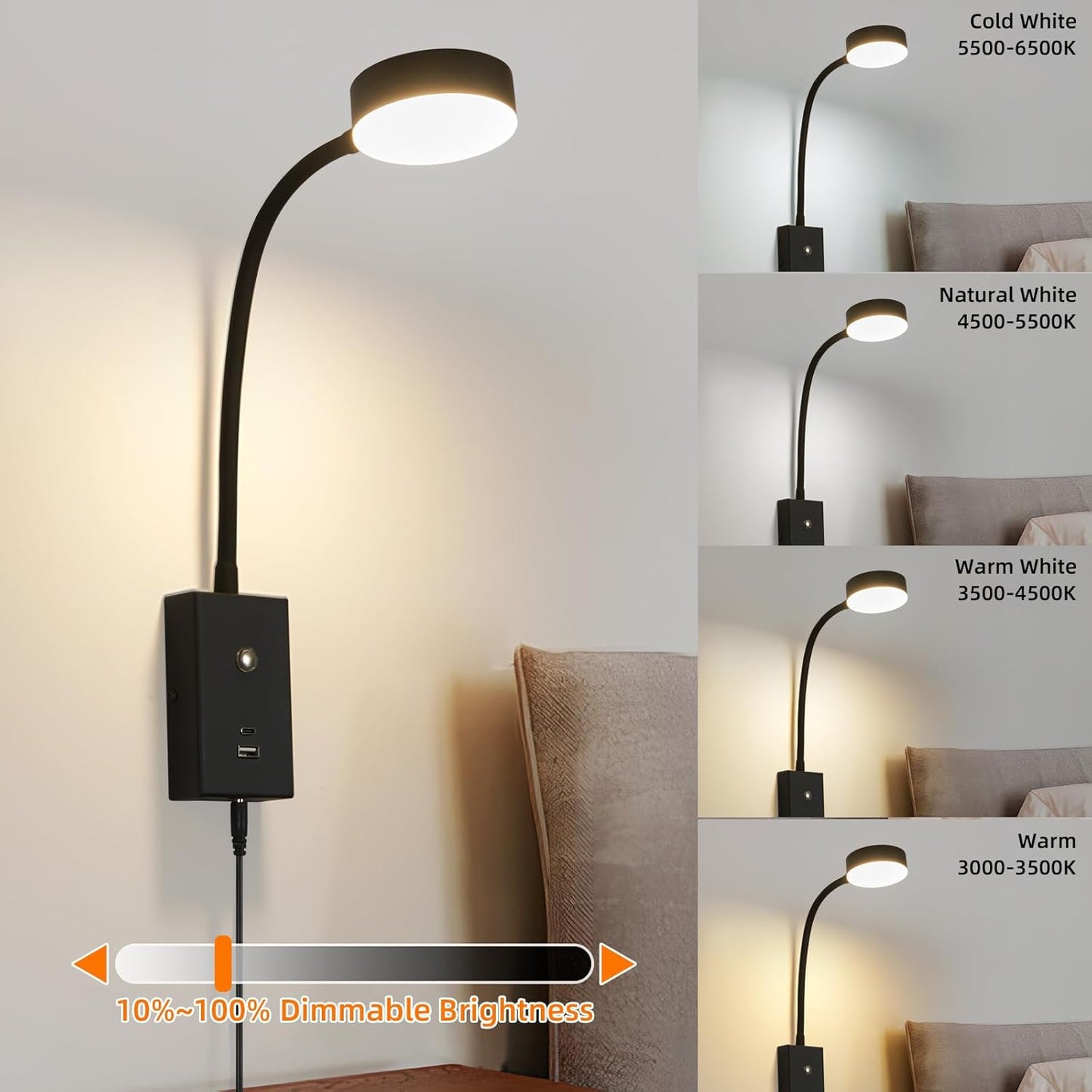 LED Wall Mounted Reading Light for Bed, Flexible Gooseneck Book Light for Wall Bedside Lamp with USB-A/C Output,Touch Control 5 Dimmable Headboard Bed Lights