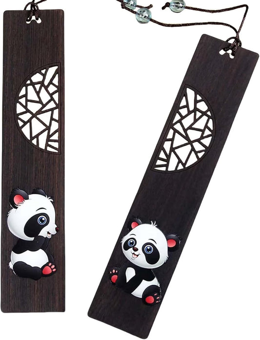 2pcs Wooden Bookmark,Stylish Wooden Bookmarks 5.71"x1.18", Panda Hollow Design Text Book Marker for Men Women, Decorative Page Markers with Pendant for Students Teachers Appreciation
