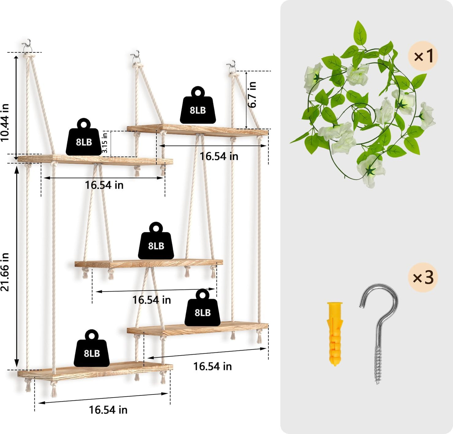 Hanging Shelves for Wall,Macrame Hanging Plant Shelf with Vine Lights 5 Tier Rope Floating Shelf Wood Organizer Storage Rack Boho Wall Decor Aesthetic for Succulents Bedroom Bathroom Kitchen