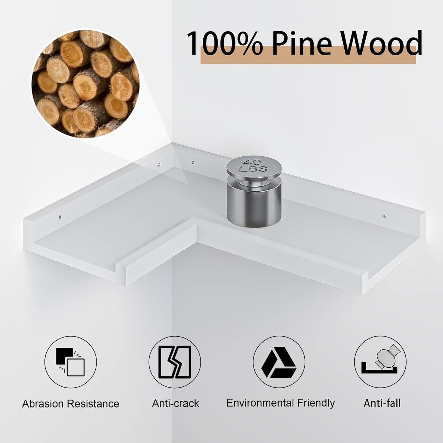 4 Tier Corner Wall Shelf, Floating Shelves with Lip, White Modern Corner Shelves Wall Mounted, Solid Pine Wood L Shaped Shelf for Living Room, Bedroom, Bathroom, Home Storage