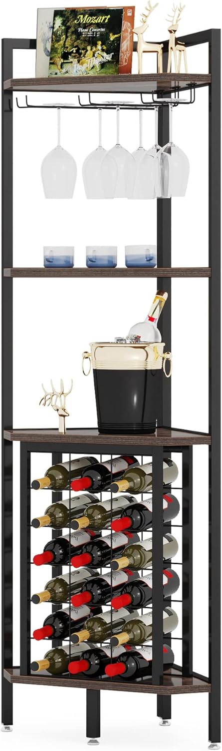 LITTLE TREE Corner Wine Rack Freestanding Floor Corner Bar Shelf with Glass Holder for Small Space, Brown