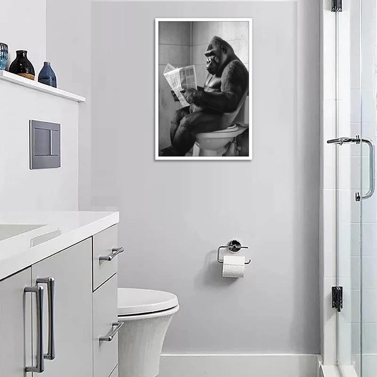 Vintage Funny Gorilla Sitting On Toilet Reading Newspaper Posters Black And White Modern Canvas Wall Art Cute Animal Prints Painting For Home Bedroom Dorm Wall Decor 8x10in Unframed