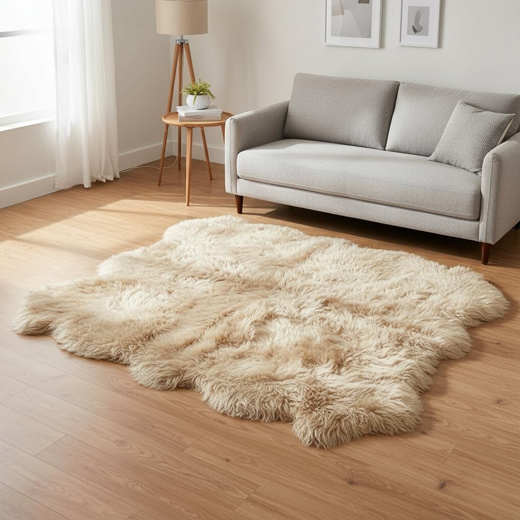 100% Genuine Sheepskin Rug 5x6 Ft – Premium Light Beige Lambskin Area Rug – Soft, Fluffy, Natural Wool – for Bedroom or Living Room – Made in Argentina