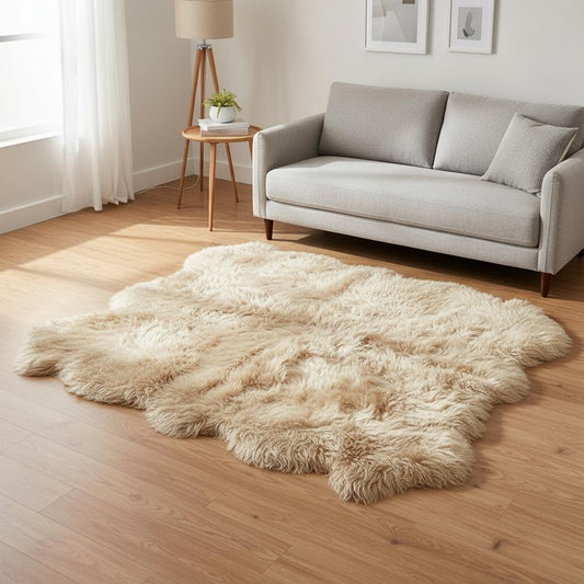 100% Genuine Sheepskin Rug 5x6 Ft – Premium Light Beige Lambskin Area Rug – Soft, Fluffy, Natural Wool – for Bedroom or Living Room – Made in Argentina