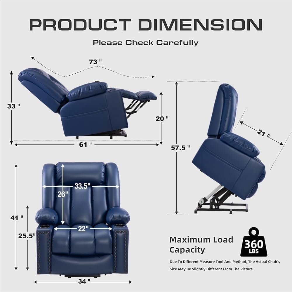 Large Power Lift Recliner Chair for Elderly Heated Massage Overstuffed Adjustable Leather Lounge Seat Three Position Electric Sofa Cup Holder Comfortable Supportive