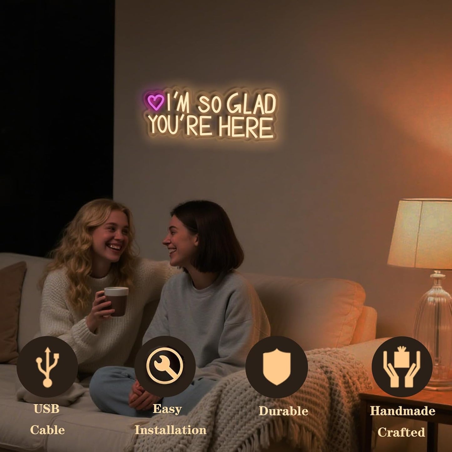 IM SO GLAD YOURE HERE Neon Sign Today for Wedding Birthday Girl Party Wall Decor, Dimmable, USB Powered, Pink Sun and Pink Heart Motivational Gift for Women