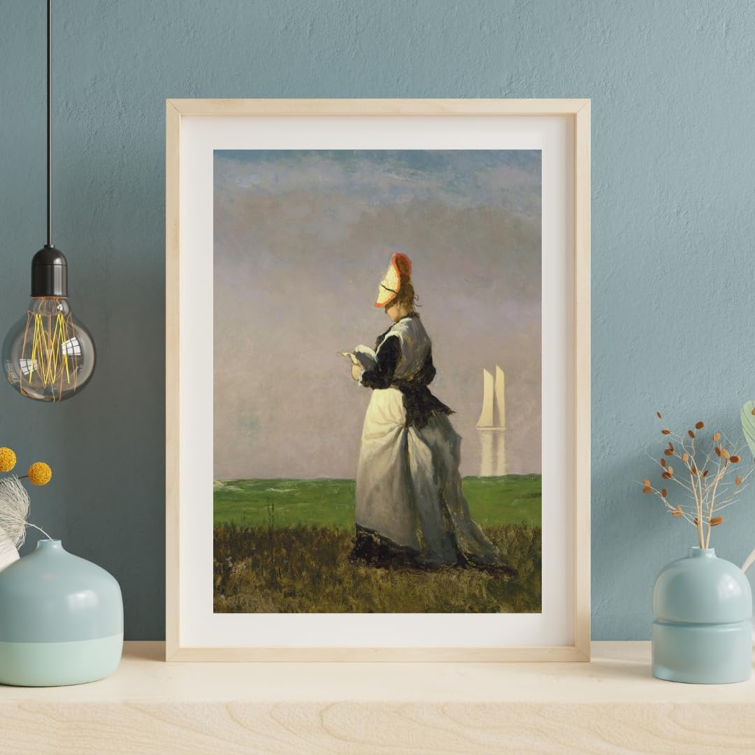 Woman Reading Beach Sail Sailing Boat Painting By Eastman Johnson Maine Artist 11"X14" Image Size on Matte Paper Fine Art Print Poster Shipped Rolled-up