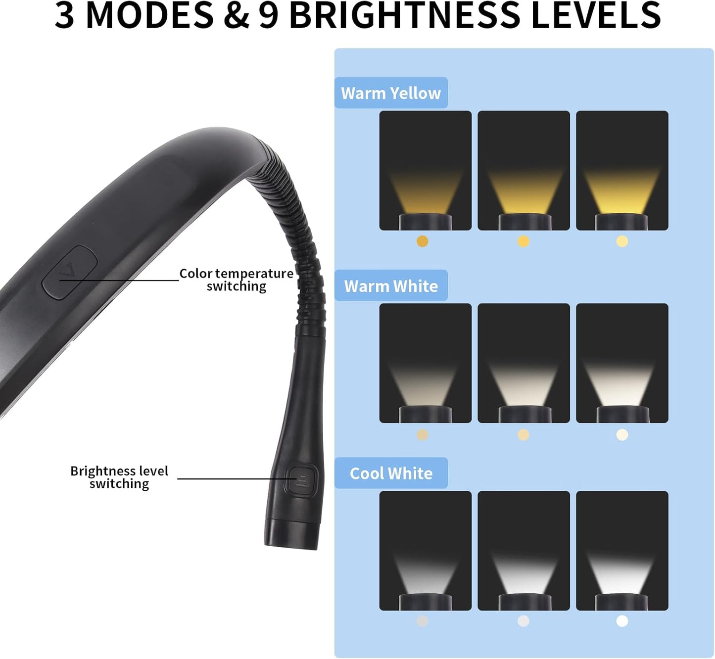 Book Light, 3-Color & 9-Brightness Reading Light, Bendable Neck Light, 60-hr Lasting Rechargeable Lamp, Perfect Book Light for Reading in Bed, Knitting, Camping (Classic, 1)