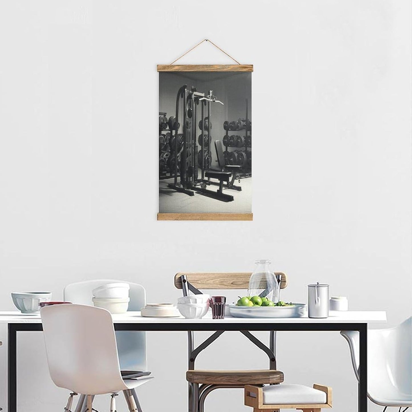 Vintage Gym Equipment Poster with Wooden Frame Personalized Linen Hanging Scroll Painting Rustic Wall Hanging Illustrative Modern Artwork Decor for Home Living Room Bedroom Office