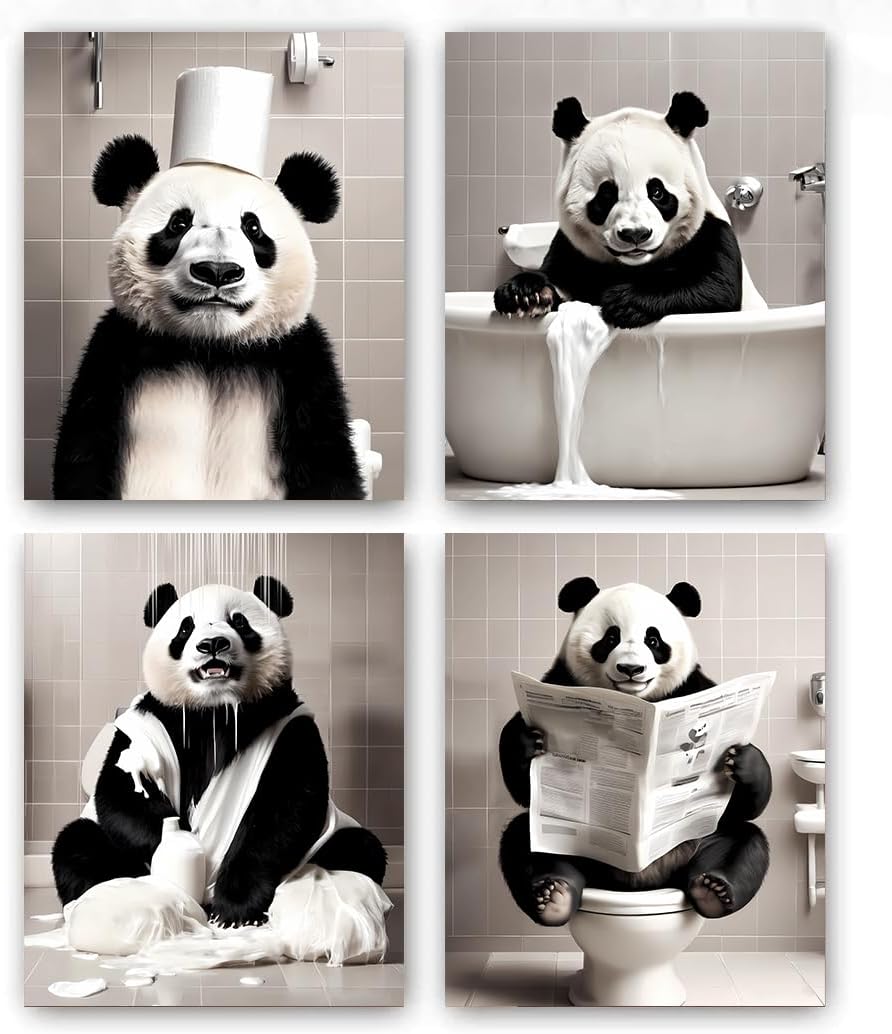 Kids Bathroom Decor Art Prints,Funny Panda Bathroom Wall Art Poster,Black and White Panda Aesthertic Poster,Vintage Animal Canvas Art Prints for Restroom,Farmhouse Wall Decor,4-Set (8"x10"Unframed)