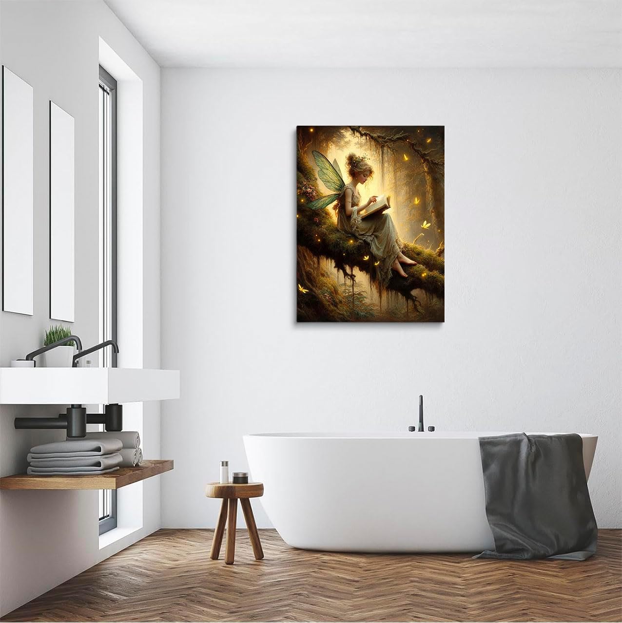Fairy Tales Art Print,Forest Fairy Sitting On Branch Reading A Book,Vintage Sprite Fairycore Painting,Moody Wall Art Picture Print,Enchanted Forest Room Decor 16x24inch Unframed
