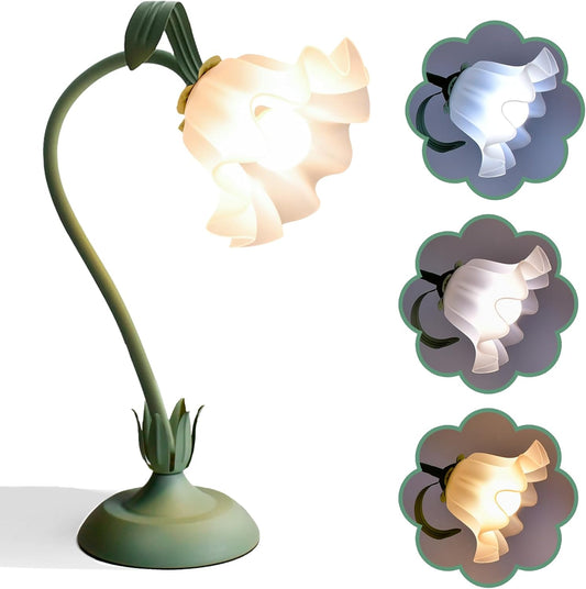 FVTLED Cute Flower Table Lamp, Bedside Vintage Flower Lamp with LED Bulb, 3 Colors Temperature Flower Lamp for Bedroom Living Room Bedside Desk Reading Lighting Table Lamps Home Decoration（Green）