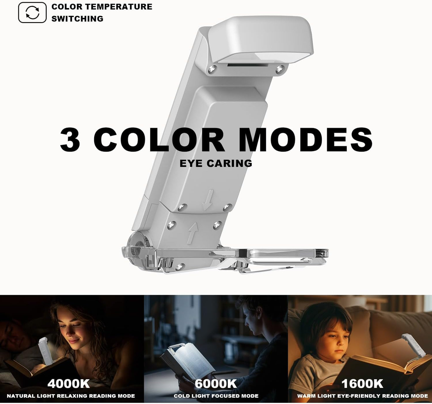 Book Light for Reading in Bed, USB Rechargeable Clip-On Bookmark Light, 3 Color Modes & 5 Brightness Levels, Eye-Caring Reading Light for Kids & Book Lovers,White