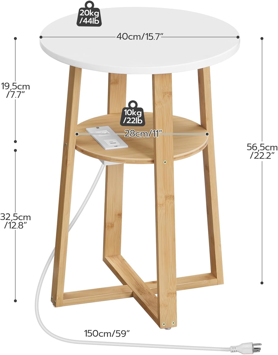 HOOBRO Round Side Table with Charging Station, Round Accent End Table with Bamboo Legs for Living Room, Bedroom, White and Natural YW101UBZ01