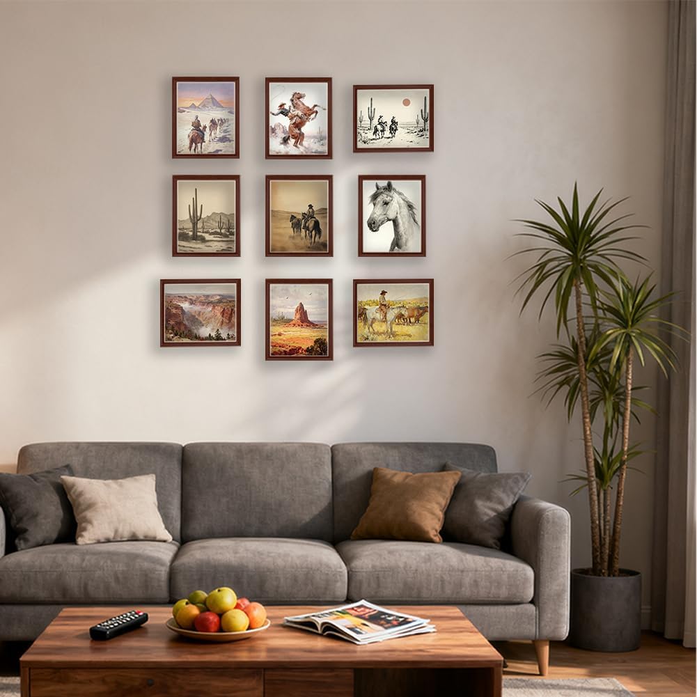 CRAFTYMELODY Western Cowboy Wall Art Prints Set of 9 Vintage Western Landscape Poster Wall Decor Wild West Home Artworks for Living Room Bedroom Man Cave Office Decoration 8x10 Inch Unframed