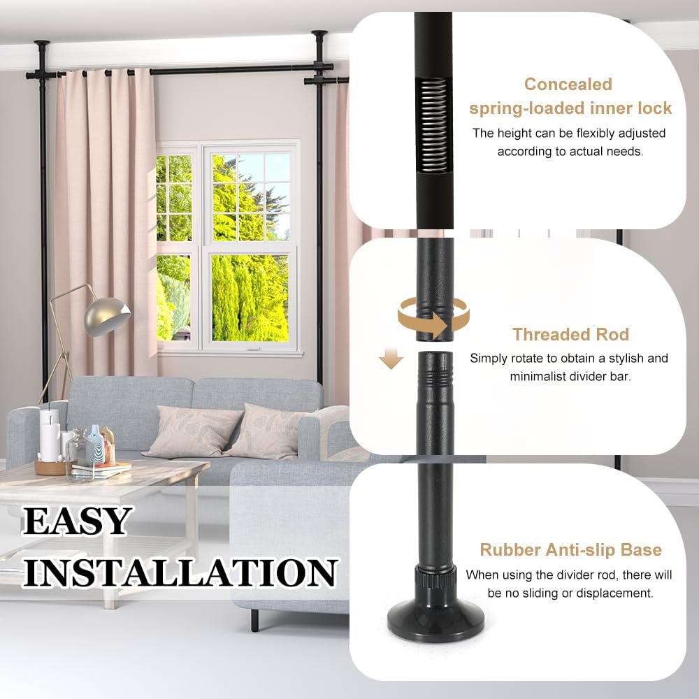 KELIXU Room Divider Curtain Rod, No Drilling Tension Rods for Room Separation, 28-144 inch W x 4-10 ft H Floor to Ceiling Wall Dividers Heavy Duty Vertical Tension Stand, Easy to Install, Black
