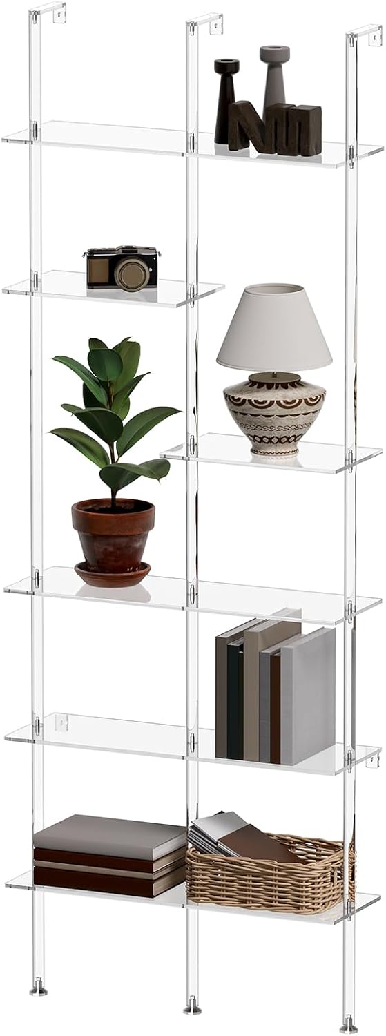 Narrow Acrylic Bookshelf, Wall Mounted, 6-Tier Clear Ladder Bookshelf with Open Shelves, Multipurpose Bookcase for Living Room, Bathroom, Office, Modern, 9.5" D x 29.5" W x 81.7" H