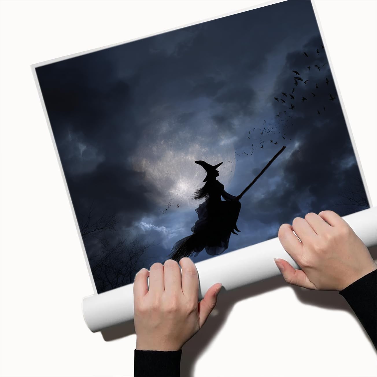 Witch Flying Across Full Moon Night Poster – Dark Halloween Canvas Print with Silhouette, Spooky Sky and Forest Trees for Gothic or Moody Room Wall Decor-12x16Inch Ready to Hang(Unframed)