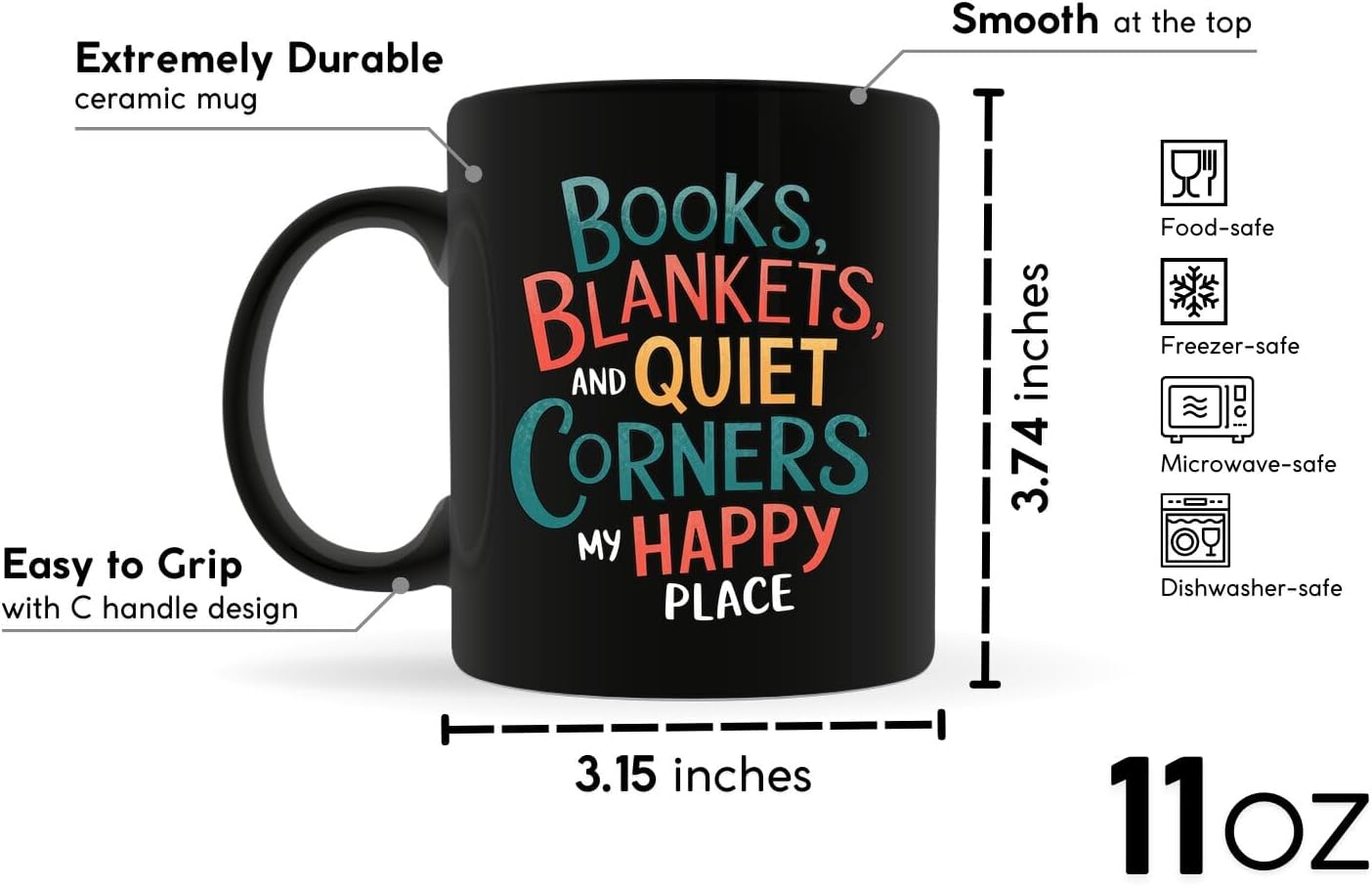Book Lovers Coffee Mug 11oz Black -Blankets Corners - Gift for Book Club Bookworm Bookish Reading Nerdy Avid Readers Women