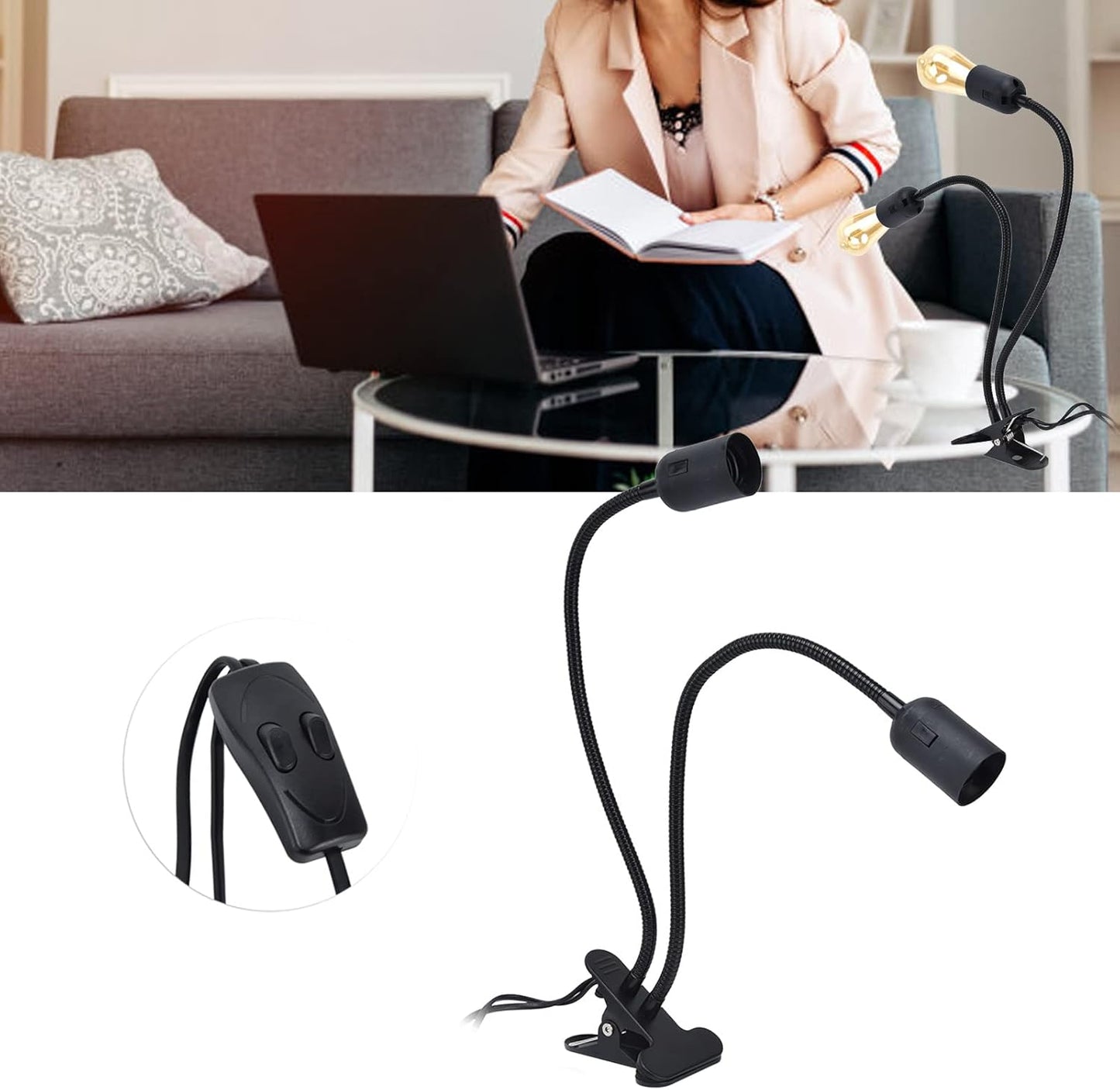 Clip Desk Lamp Socket, E26/E27 Reading Light Stand Clamp Lamp Fixture, 360 Degrees Two Clip on Light Bulb Holder with On/Off Switch and Clamp for Headboard Video Study Work,