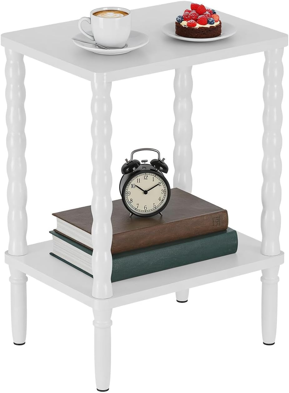Small Narrow Side Table, Vintage End Table - Skinny Bedside Nightstand for Small Spaces, Couch/Recliner Accent Table for Bedroom Living Room Nursery, No-Tool Assembly (White)