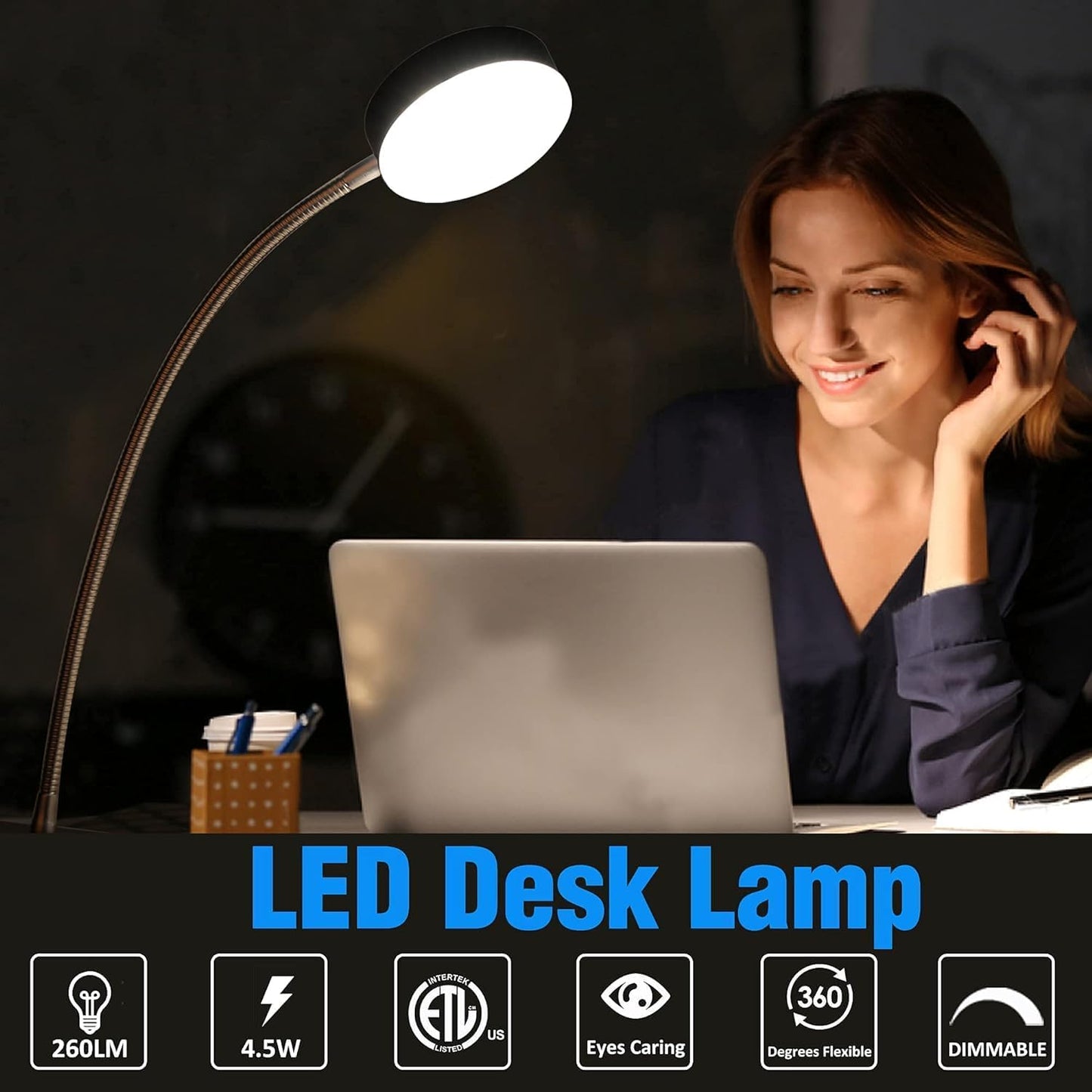 Clip-On LED Desk Lamp with Switch, 19.25” Flexible Gooseneck, 4.5W 260LM 4000K Cool White Clamp Desktop Light, 65” Cord Small Desk Light for Home, Office, Study, ETL Listed