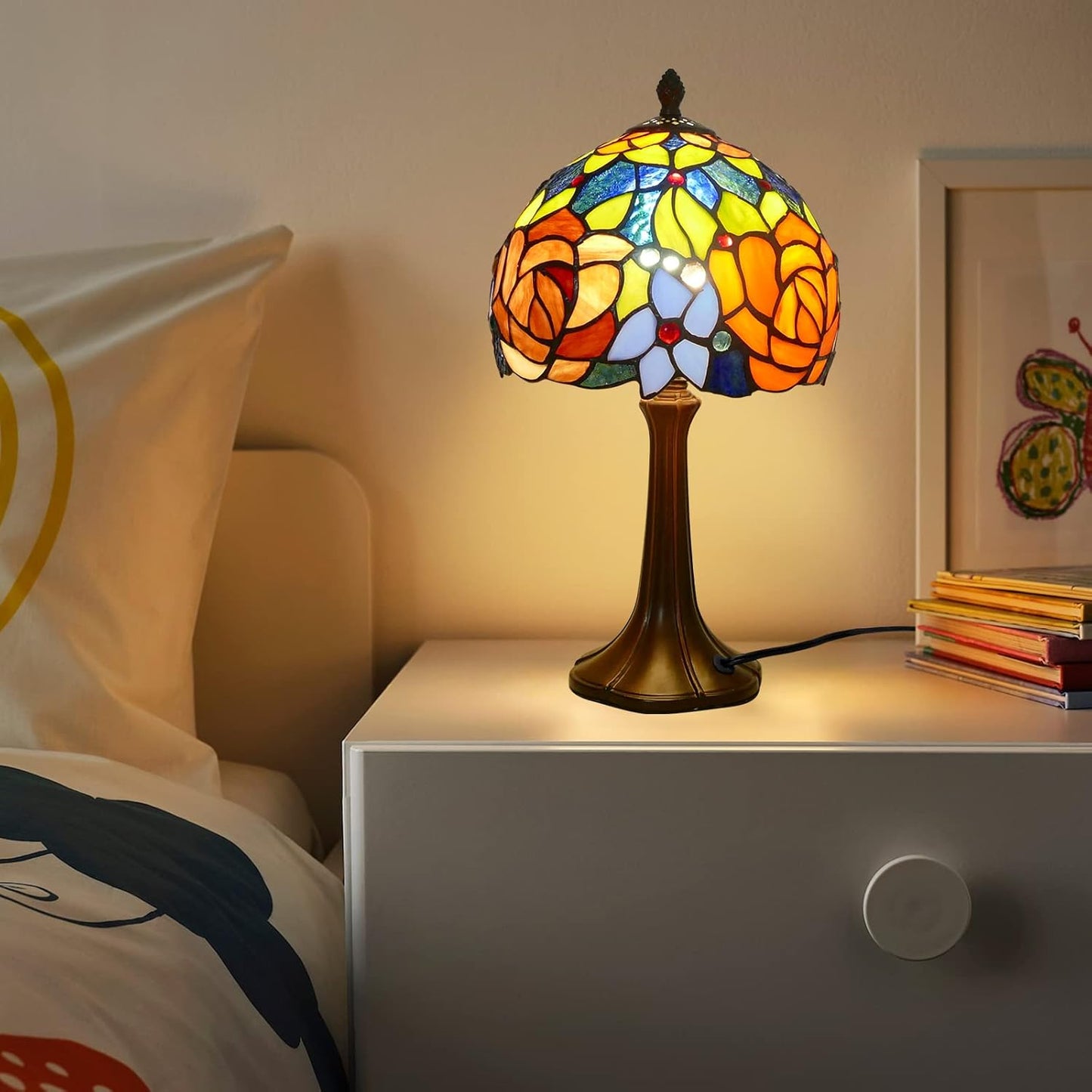 Tiffany Table Lamp Romantic Double-Color Roses Handmade Stained Glass Desk Lamps 8" Wide 15" Tall Vintage Reading Lamp for Office, Living Room, Bedroom, LED Bulb Included