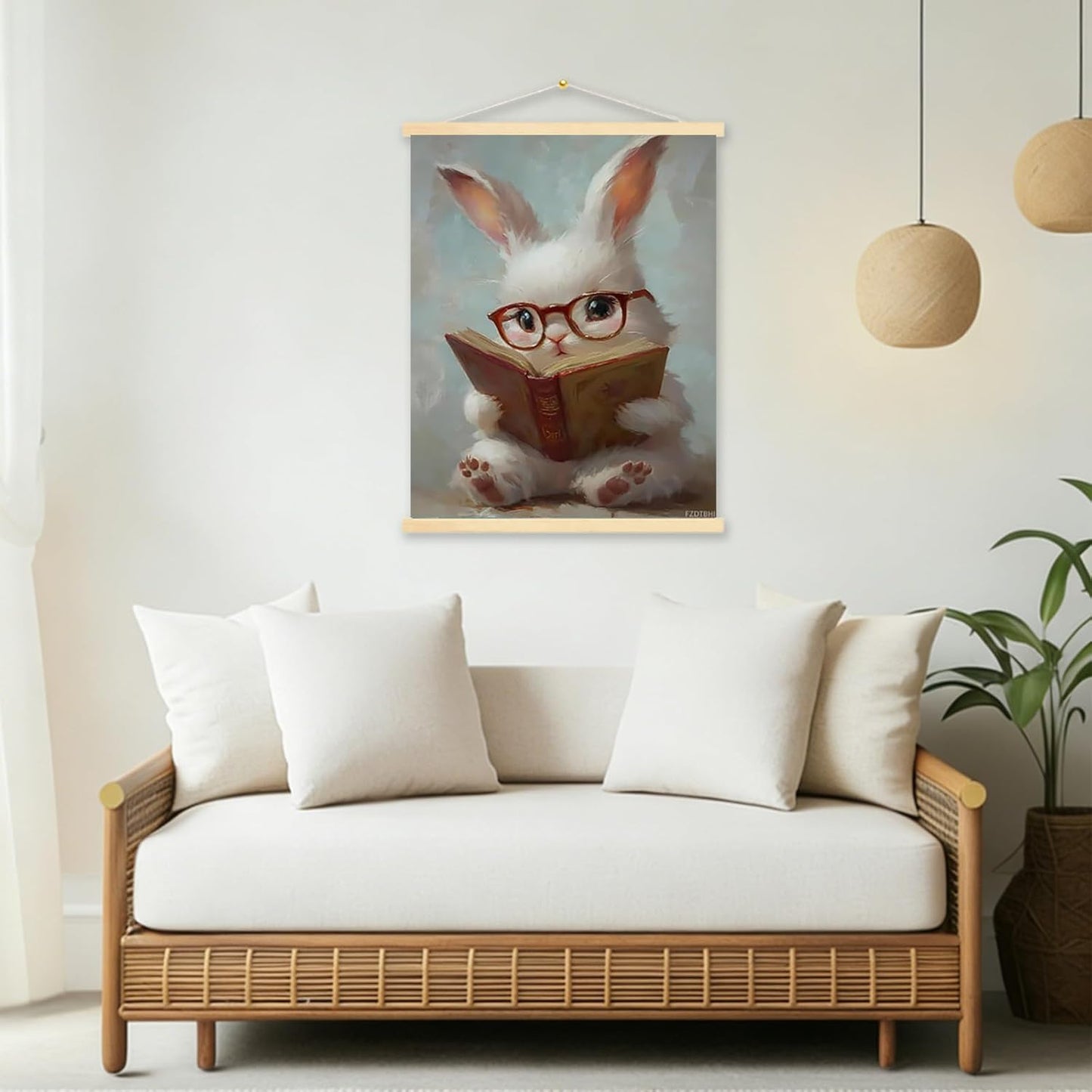 Cute Rabbit Wearing Glasses Reading Book Poster Framed Wall Art Canvas Print Artwork Aesthetic Picture Painting Room Decor for Living Room Office Bedroom Wall Decortion Frame 12x16inch