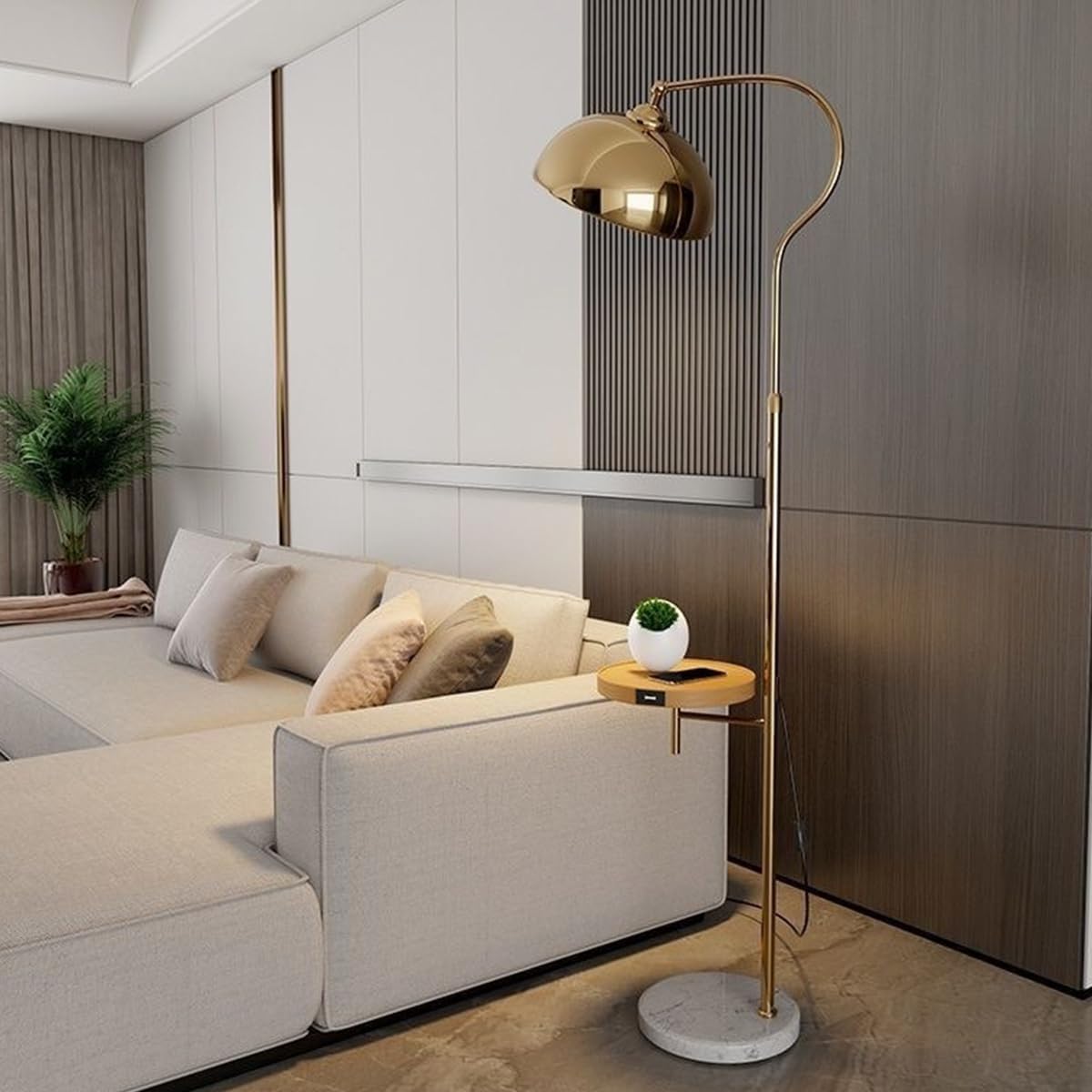 Modern Elegant with Table Floor Lamp Industrial Tall Standing Lamp Electroplated Iron Floor Lamps with Foot Switch Height Adjustable Arched Reading Light for Bedroom Office (Gold)