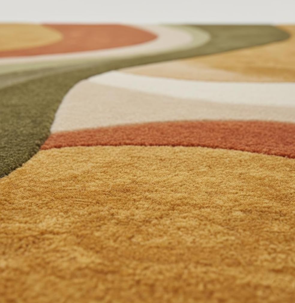 Retro Wave Area Rug, Multicolor Abstract Curved Stripes, Mustard Yellow Rust Orange Olive Green Cream, Modern Bohemian Style (12 * 18 feet)