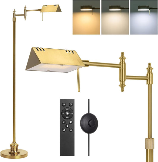 Dimmable Pharmacy Floor Lamp with Remote, 17W Gold LED Reading Floor Lamp with 360°Swing Arm, 3 Color Temperature, Height Adjustable Standing Task Lamp for Living Room, Bedroom, Office, Antique Brass