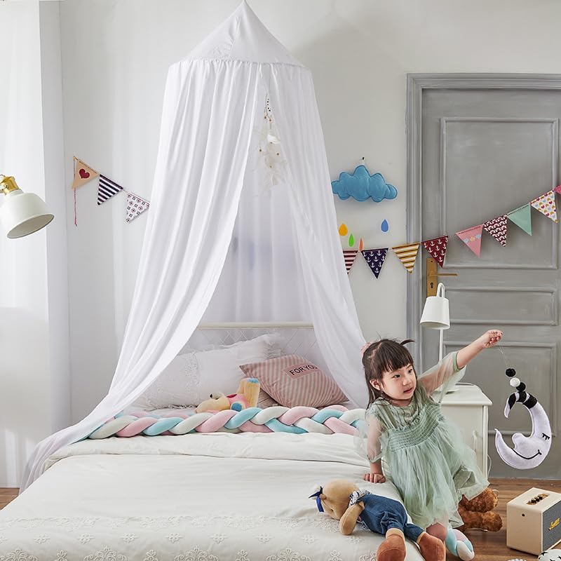 Bunnikins & Clover Bed Canopy for Girls Boys Bedroom Decor, Round Dome Mosquito Net for Baby Crib, Nook Castle Game Tent Nursery Decoration for Child, Play or Reading (White)
