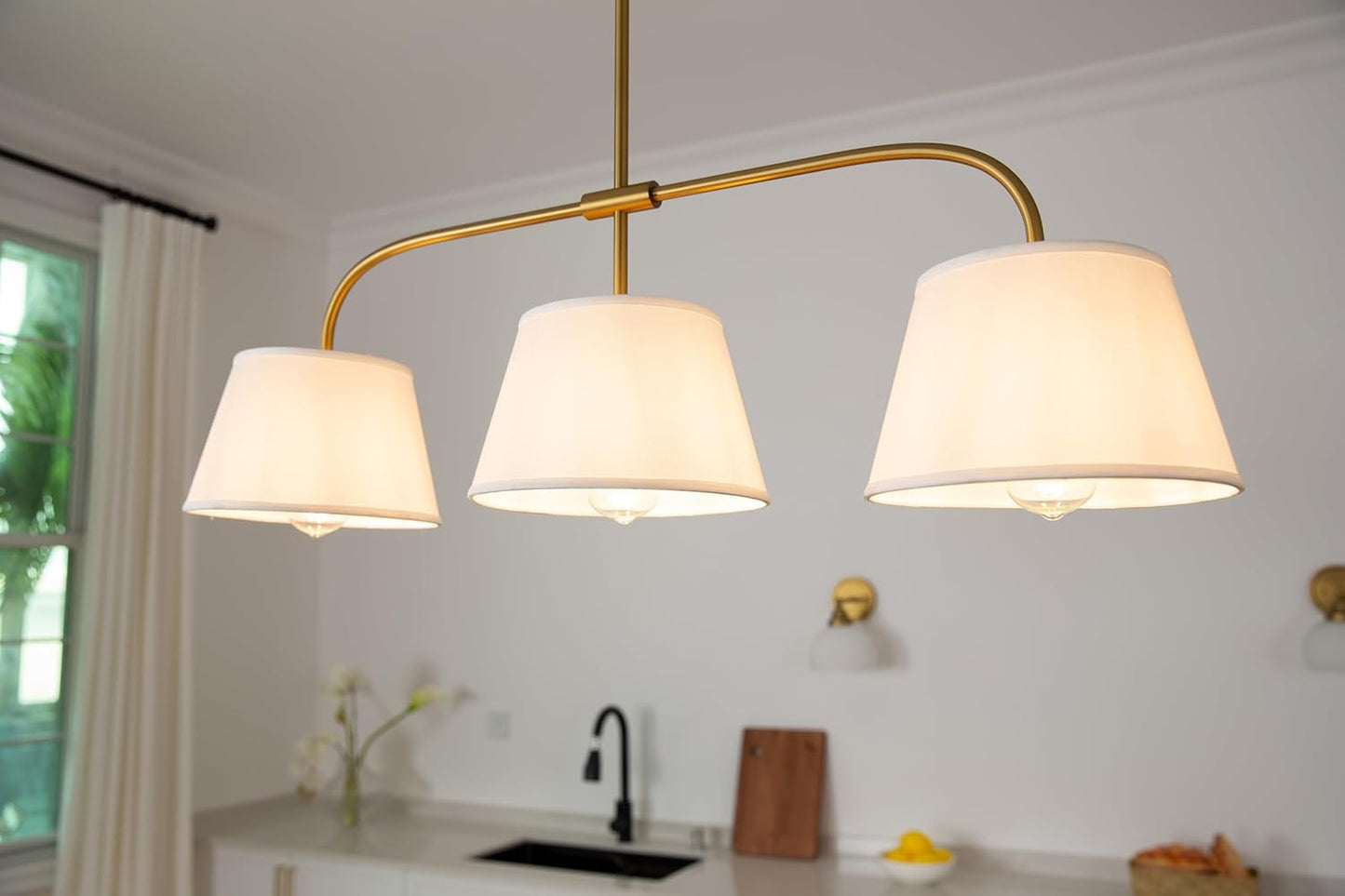 Pathson 3 Lights Brass Pendant Light with Fabric Lampshades, Rustic Cloth Pendant Lighting Lamp E26 Bulb Base, Flush Mounted Ceiling Chandeliers for Dining Room Kitchen Island Living Room