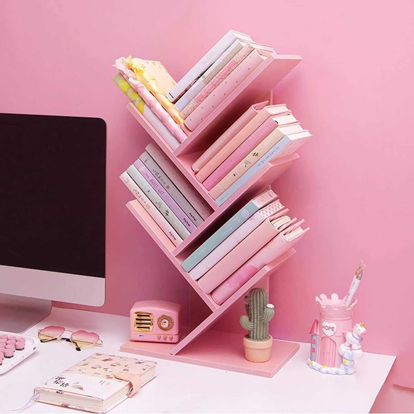 Tree Bookshelf,4-Layer Floor Standing Bookshelf,The Desktop Bookshelf Can Hold Books,Magazines,CDs and Photo Albums,Office Storage Rack,Pink