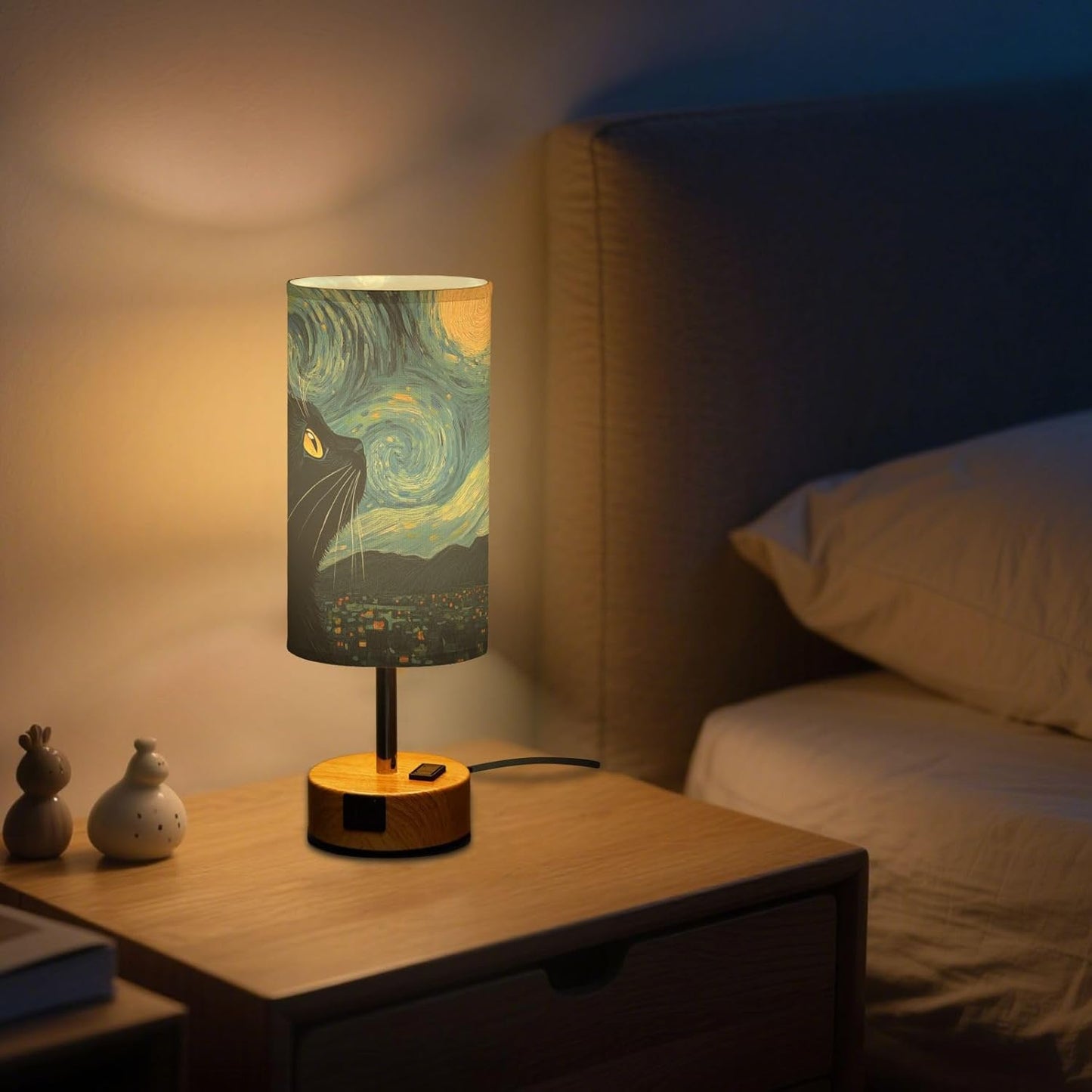 Dimmable Starry Night Art Black Cat Table Lamp with 2 USB C Charging Ports & AC Outlet, Touch Lamps for Nightstand Bedside Small Lamp Night Stand Side Light for Bedroom/Desk, 14 in
