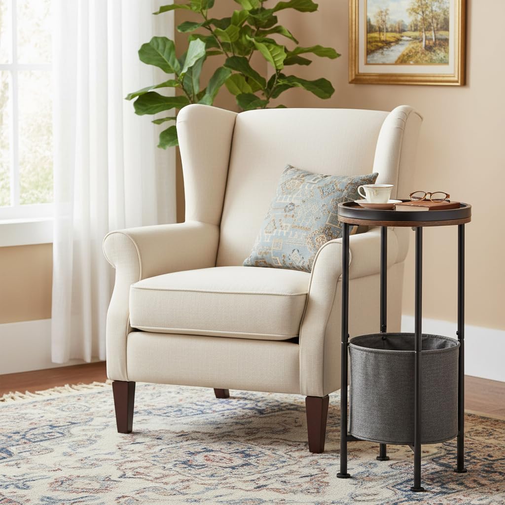 Small Round Side Table with Storage Basket, 2-Tier Round End Table for Living Room & Bedroom, 26" Tall Nightstand Modern Sofa End Table for Small Spaces (Rustic Brown)