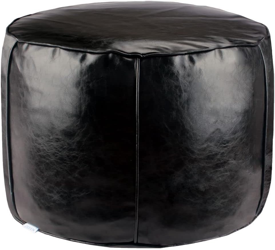 Handmade Unstuffed Faux Leather Pouf Ottoman - Storage Solution and Floor Seat - 14"x20" Round Stool - Perfect as a Futon Chair, footrest Ottoman, cushionl Ottoman, or Leather Foot Stool(Black)