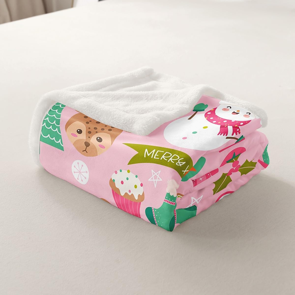 Erosebridal Pink Christmas Throw Blanket - Cartoon Santa Claus Fleece for Kids, Boys, Girls, Women - Snowman Pine Fuzzy Sherpa With Christmas Tree, Cute Deer - Baby Size Xmas Decor