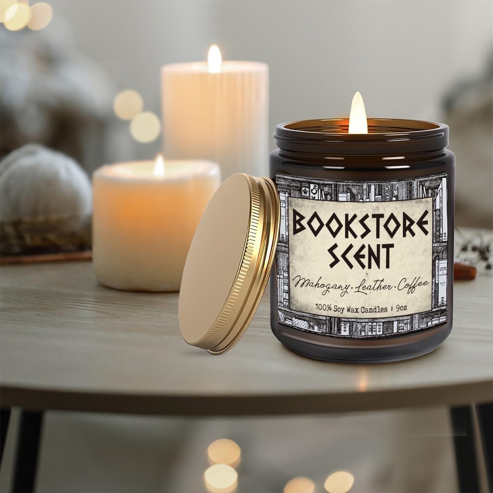 Book Lover Candle, Inspired Gift for Readers, Birthday, Book Themed Reading Gifts for Women, Bookworm, Librarian, Men, Bookstore Scent Mahogany Leather Coffee Scent Candle 9OZ