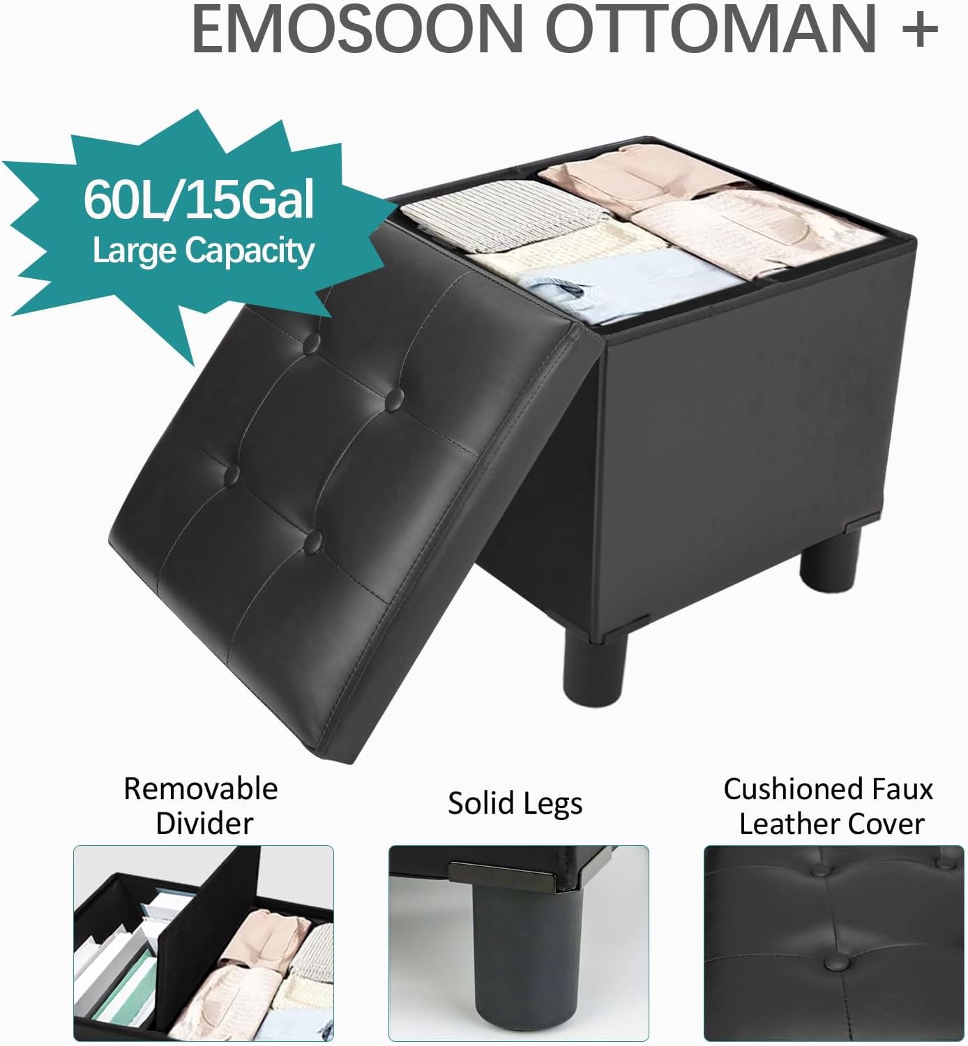 18 Inches Cube Storage Ottoman, Faux Leather Collapsible Square Folding Ottoman Furniture with Storage for Living Room Bedroom, Foot Rest Foot Stool with Legs, Black 18x18x18 Inches
