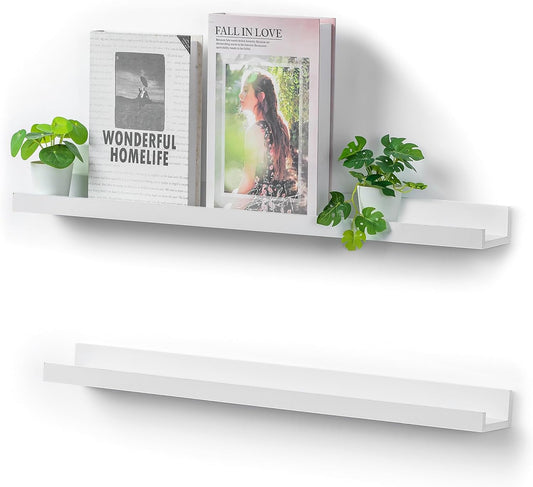 24 inch Long Shelf for Wall: White Wall Book Shelves for Bedroom Kids - Narrow Floating Shelves for Picture Photo