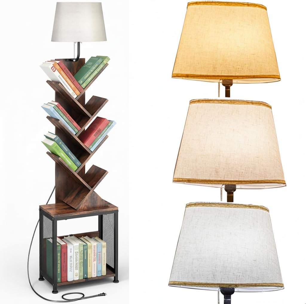 3in1 Tree Bookshelf Floor Lamp W/ Storage Cabinet, 62" Tall Reading Light with Unique Oval Fabric Shade & 8-Tier Book Organizer, Modern Standing Lamp for Living Room, Bedroom, Office (Rustic Brown)