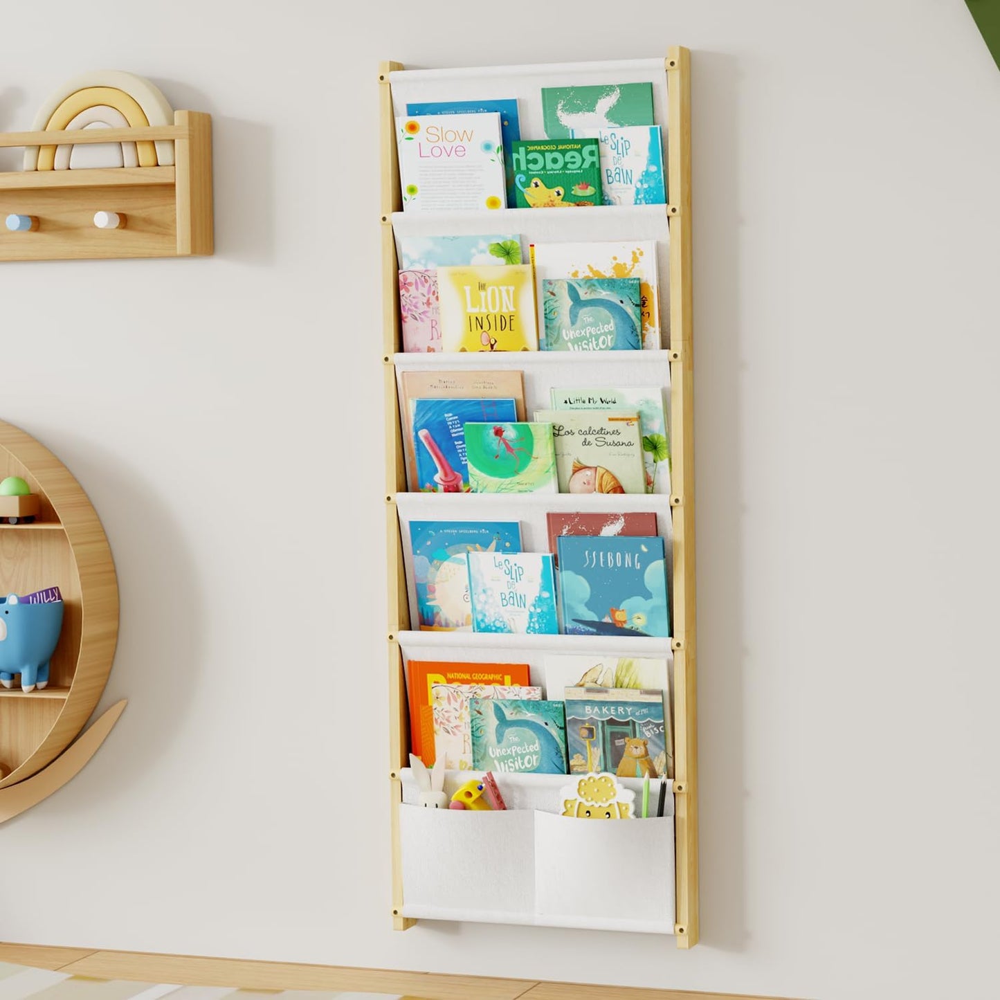 Wood 6-Tier Wall Mounted Kids Bookshelf – Floating Book Shelf For Kids Rooms,Nursery & Classroom, Hanging Bookcase Organizer For Books, Toddler Book Shelf, Montessori Bookshelf, Nursery Shelves