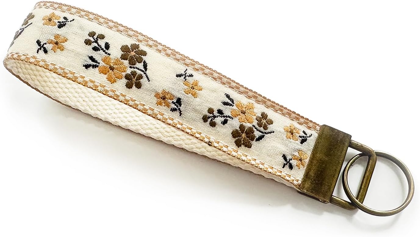 Celokiy Embroidered Fabric Wristlet Keychain for Women, Cute Wrist Key Chain with Metal Hardware