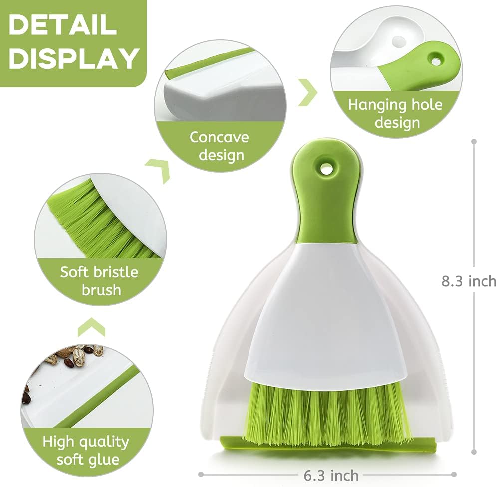 Small Hand Dust Pan and Brush - Small Broom and Dustpan Set, Mini Broom and Dustpan, Compact Dustpans and Brush for Home Cleaning, Sofa, Desk, Guinea Pig Cage, Cat Litter, etc. (Green)