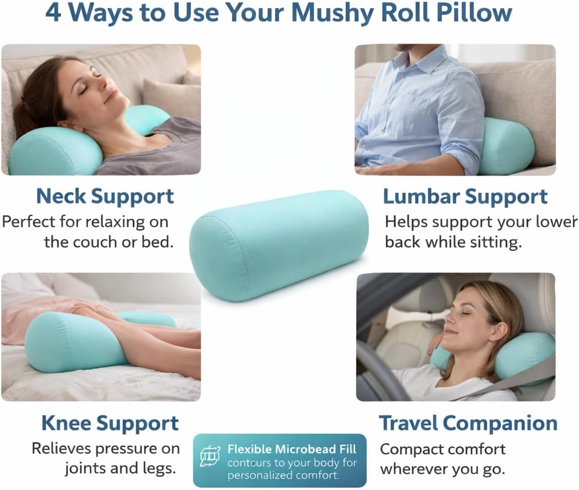 Microbead Roll Bolster Travel Neck Support Pillow and Post-Surgery Therapy Pillow (Light Blue)