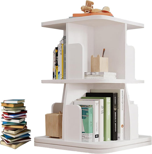 YVYKFZD Rotating Bookshelf, 360° Spinning Bookcase, Floor Standing Display Storage Rack, Wood Corner Book Shelf Organizer, for Small Space, Bedroom, Living Room(White B,2 Tier H 66cm/25.9")